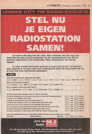 Oproep in het Parool, 12 december 1998